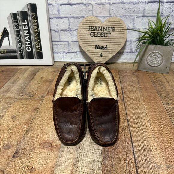 Ugg Ascot Slippers Men's Sz 8 Brown Leather Shearling Slip On Casual Shoe - Picture 4 of 10